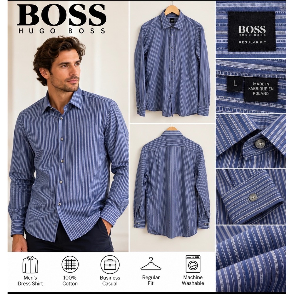 Hugo Boss Mens Regular Fit Blue White Striped Long Sleeve Button Down Shirt L